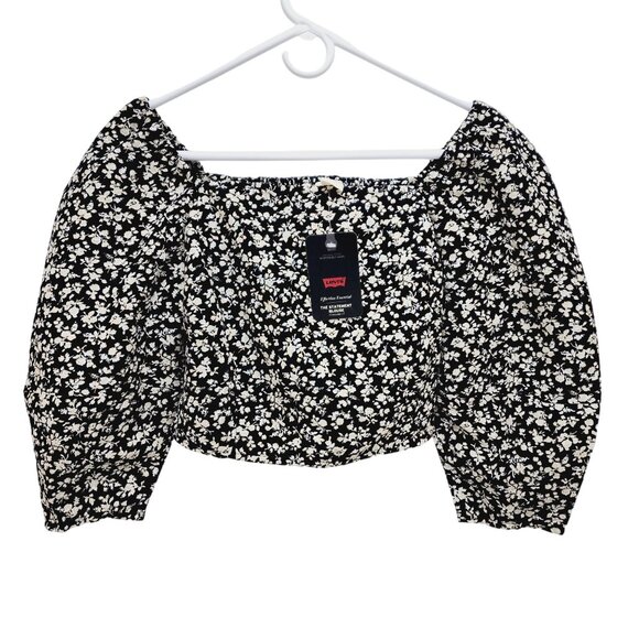 Levi's Tops - Levi's Floral Cropped Top Women's Size S Black Beige Square Neck Puff Sleeves